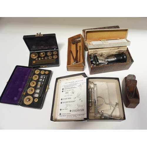 249 - SELECTION OF VINTAGE TOOLS AND SCIENTIFIC EQUIPMENT
including The Palmer Injector, hand operated syr... 