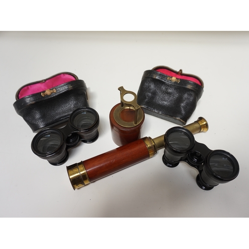 251 - SELECTION OF OPTICAL EQUIPMENT
comprising two cased pairs of opera glasses; a three draw telescope; ... 