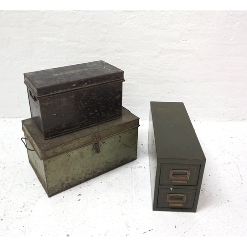 244 - VINTAGE METAL DEED BOX
with lift up lid and removable fitted interior, marked MDM; a vintage painted... 