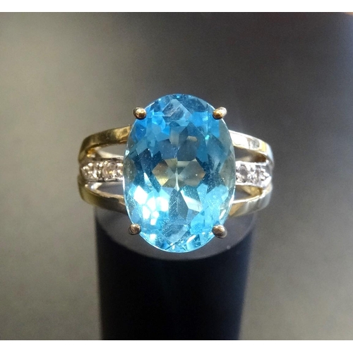 125 - BLUE TOPAZ AND DIAMOND DRESS RING
the large central oval cut topaz approximately 6cts, on nine carat... 