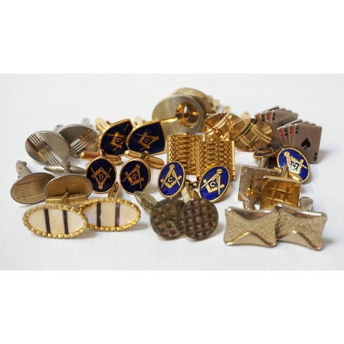 64 - THIRTEEN PAIRS OF CUFFLINKS
including one pair with playing cards, three Masonic pairs with enamel c... 