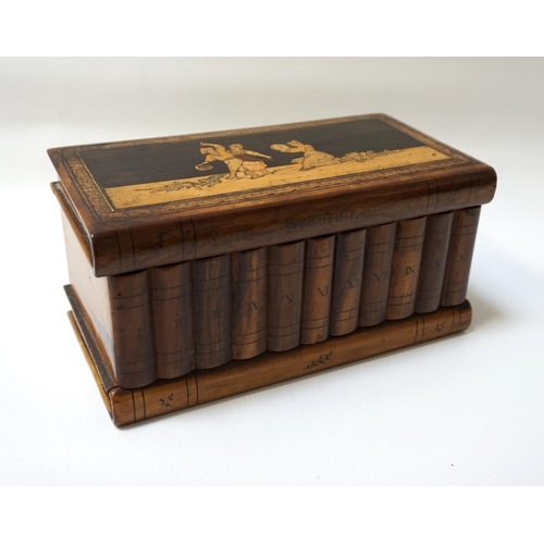 242 - CONTINENTAL INLAID CHESTNUT JEWELLERY CASKET
of puzzle opening form, with dancing figure decoration ... 