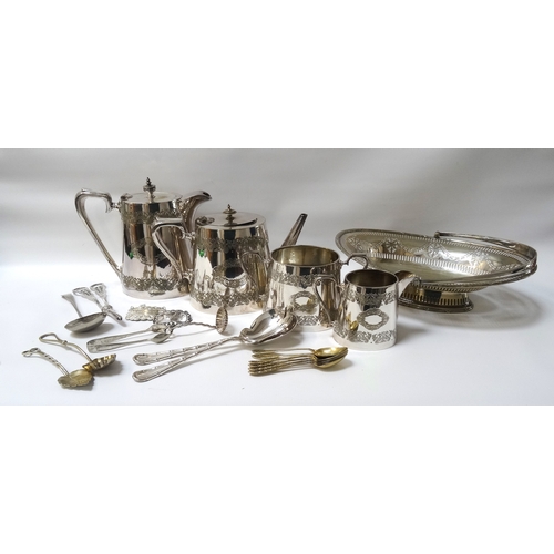 184 - COLLECTION OF SILVER PLATED WARES
includes an Edwardian four piece tea service, cake basket, spirit ... 