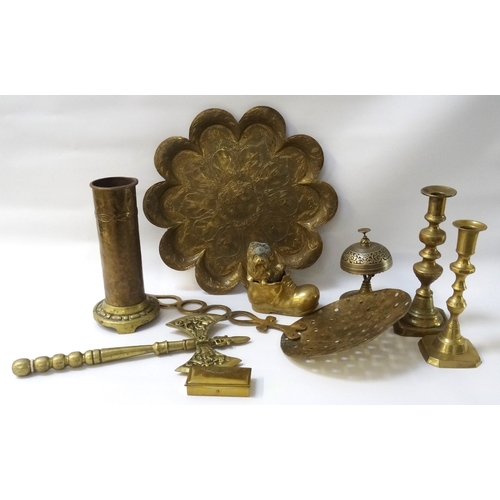 253 - SELECTION OF DECORATIVE AND OTHER BRASSWARE
including two skimming spoons, a table bell, a decorativ... 