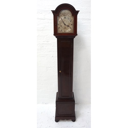 512 - MAHOGANY LONGCASE CLOCK
of narrow proportions with an arched hood and silvered dial marked 'Tempus F... 