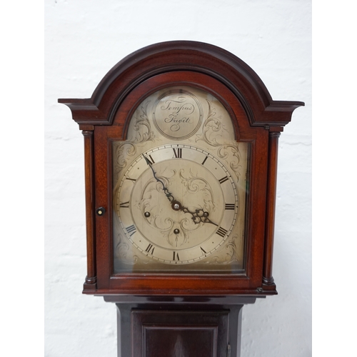 512 - MAHOGANY LONGCASE CLOCK
of narrow proportions with an arched hood and silvered dial marked 'Tempus F... 