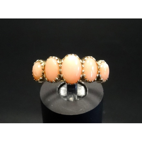 67 - GRADUATED CORAL FIVE STONE RING
on nine carat gold shank, ring size N - RE-OFFERED IN TIMED AUCTION