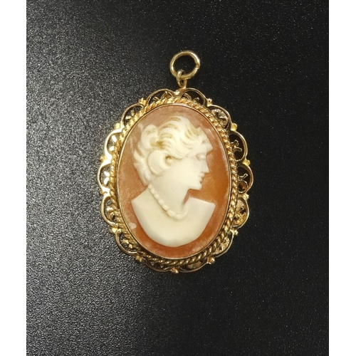 159 - SHELL CAMEO PENDANT
depicting a female head in profile, in nine carat gold mount with pierced decora... 