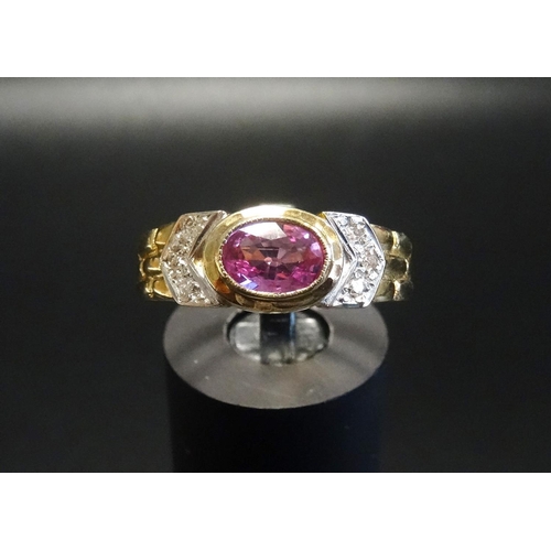 174 - PINK TOPAZ AND DIAMOND DRESS RING
the central bezel set oval cut topaz flanked by three diamonds to ... 