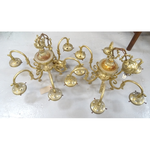 532 - PAIR OF GILT BRASS AND STEEL CEILING LIGHTS
each with six scroll arms around a shaped body with deco... 