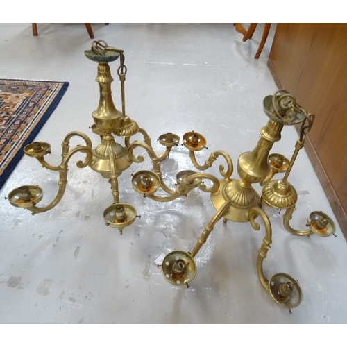 533 - PAIR OF GILT BRASS AND STEEL CEILING LIGHTS
each with six scroll arms around a decorative shaped cen... 