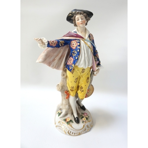 236 - CHELSEA PORCELAIN FIGURE OF A MINSTREL
in colourful attire with mandolin at his waist, leaning again... 