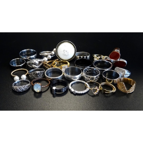 153 - SELECTION OF SILVER AND OTHER RINGS
including marcasite and enamel decorated examples, 1 box