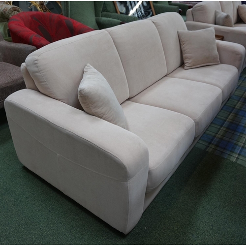 541 - PAIR OF THREE SEATER SETTEES
in corduroy material, with cushions, raised on squat feet, 216cm wide