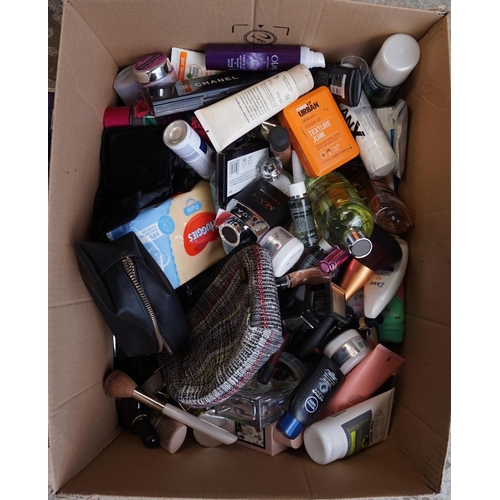 69 - ONE BOX OF USED AND NEW TOILETRY ITEMS
including Garnier, Lancombe, Tom Ford, Channel, Victoria's Se... 