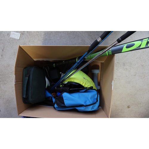 76 - ONE BOX OF SPORTING ITEMS
including  hockey stick, fishing rod, boules, small rugby ball, crampons, ... 