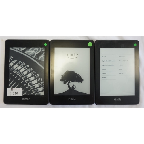 120 - THREE KINDLE PAPERWHITE 4 WIFI (8GB) DEVICES
serial numbers: GOOO PP07 8371 0AL4; G000 PP08 8394 0S2... 