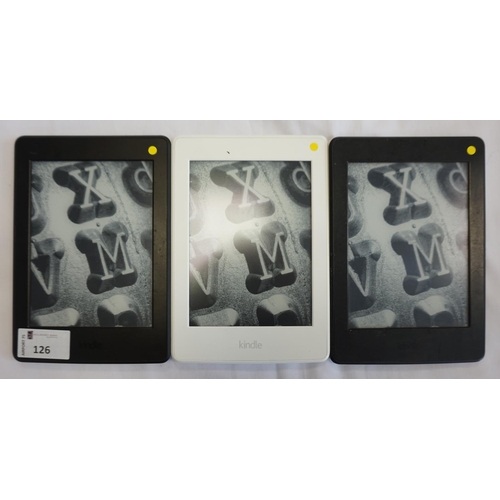 126 - THREE KINDLE PAPERWHITE 3 (2015) WIFI DEVICES
serial numbers: G090 G105 5294 026P; G090 KB03 8062 0D... 