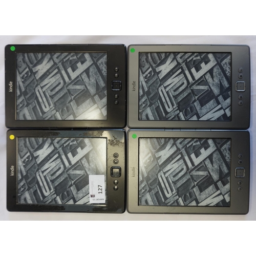 127 - FOUR KINDLE 4 NO TOUCH WIFI DEVICES
comprising: two KINDLE 4 NO TOUCH BLACK (2012) WIFI, serial numb... 