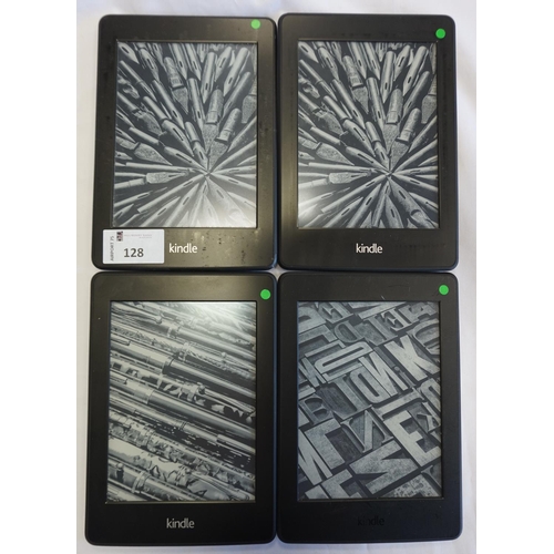 128 - SELECTION OF FOUR KINDLE PAPERWHITE DEVICES
comprising: one KINDLE PAPERWHITE 3 (2015) WIFI, serial ... 