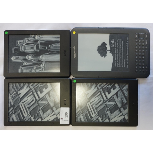 130 - FOUR KINDLE DEVICES
comprising: one KINDLE 3 WIFI, serial number: B008 A0A0 0503 23CB; and three KIN... 