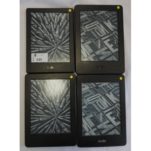 133 - SELECTION OF FOUR KINDLE DEVICES
comprising: one KINDLE PAPERWHITE WIFI & 3G, serial number: B01D 15... 