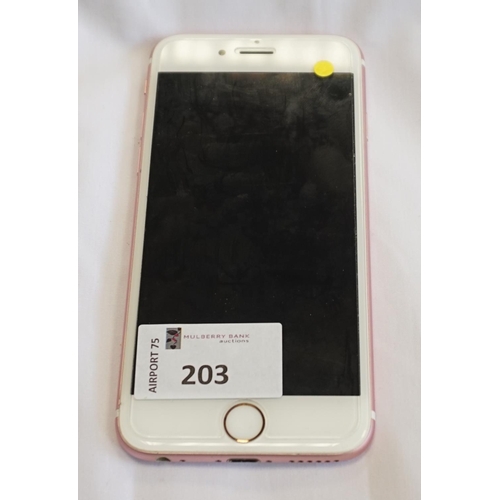 203 - APPLE IPHONE 6S - MODEL A1688
IMEI: 355770078375374.  i-cloud protected.  Note: It is the buyer's re... 