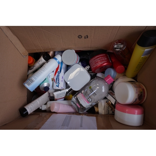 74 - ONE BOX OF USED AND NEW TOILETRIES 
including Victoria's Secrets, Treseme, Nivea, Hugo Boss, Paco Ra... 