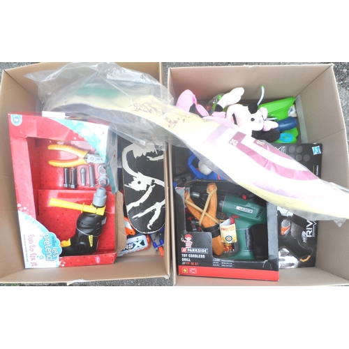 86 - TWO BOXES OF TOYS
including: USED AND NEW NERF GUNS; TOY PISTOLS; SOFT TOY; CATAPULTS; TOY DIY ITEMS... 