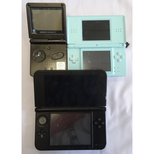 221 - THREE PORTABLE GAMING DEVICES
comprising: one NINTENDO 3DS XL- with one game card; one NINTENDO DS L... 