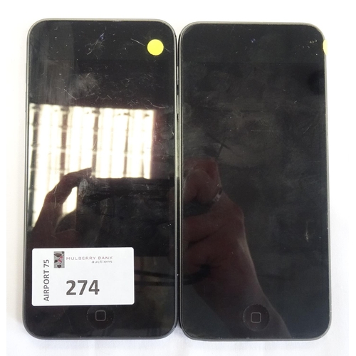 274 - TWO APPLE IPOD TOUCH - MODEL A1574
serial numbers: CCQUFDZFGGNL & CCQEV5PRGGK6.  Both i-cloud protec... 