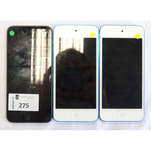 275 - THREE APPLE IPOD TOUCH DEVICES
comprising: two APPLE IPOD TOUCH - MODEL A1574, serial numbers: CCQT4... 