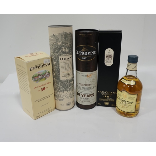 252 - SELECTION OF FIVE SMALL BOTTLES OF SINGLE MALT WHISKY
comprising: one LAGAVULIN 16 YEAR OLD SINGLE M... 