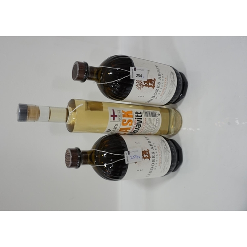 254 - THREE BOTTLES OF AQUA VITAE/ AKVAVITT
comprising: two LINDORES ABBEY DISTILLERY AQUA VITAE - BATCH N... 