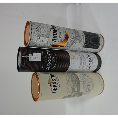 256 - THREE BOTTLES OF SINGLE MALT SCOTCH WHISKY
comprising: one DEANSTON 12 YEAR OLD SINGLE MALT SCOTCH W... 