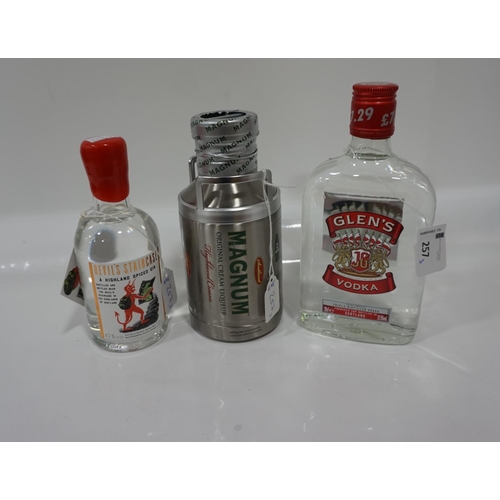 257 - THREE BOTTLES OF SPIRITS/ LIQUEUR
comprising: one GLEN'S VODKA (35cl/ 37.5% abv); one DEVIL'S STAIRC... 