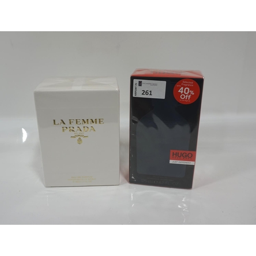 261 - TWO NEW AND UNUSED FRAGRANCE ITEMS
comprising: one LA FEMME PRADA EAU DE PARFUM (50ml) and HUGO BOSS... 