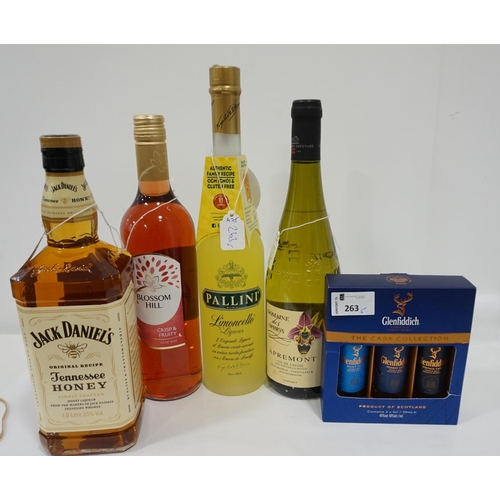 263 - SELECTION OF SPIRITS AND WINE
comprising: JACK DANIEL'S TENNESSEE HONEY LIQUEUR (1 Litre/ 35% abv); ... 