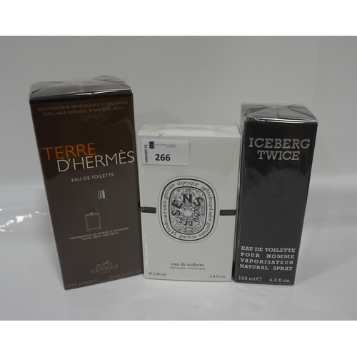 266 - THREE NEW AND UNUSED FRAGRANCES
comprising: one DIPTYQUE EAU DES SENS EAU DE TOILETTE (100ml); one T... 