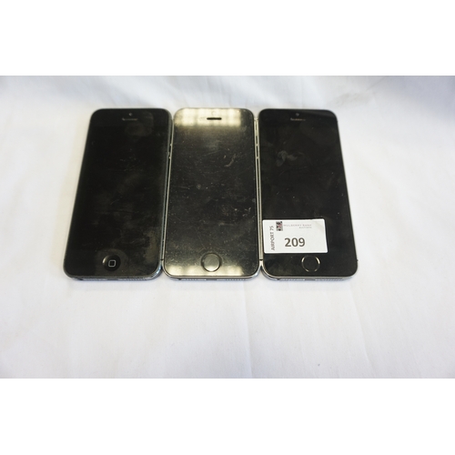 209 - THREE APPLE IPHONES
comprising: one APPLE IPHONE 5S - MODEL A1457, IMEI: 352017063699928, i-cloud pr... 