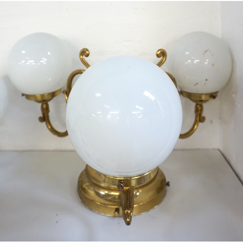 536 - GILT BRASS CEILING LIGHT
with three scroll arms and opaque circular glass shades - RE-OFFERED TIMED ... 