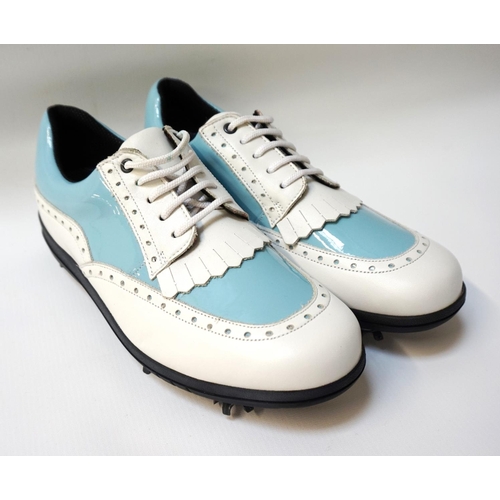 314 - PAIR OF BRAND NEW LADIES BALLY GOLF SHOES
in two tone white leather and pale blue vinyl, UK size 6.5... 