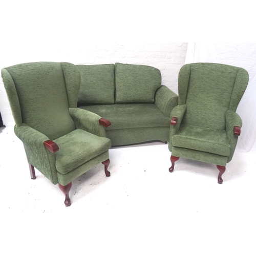 417 - HSL THREE PIECE SUITE
comprising two wing back arm chairs on cabriole front supports and a two seat ... 