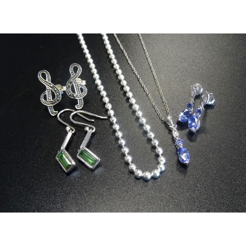 58 - SMALL SELECTION OF SILVER AND GEM SET JEWELLERY
comprising a pair of tanzanite and diamond drop earr... 