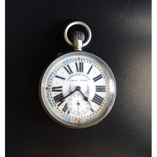 48 - GOLIATH SWISS MADE POCKET WATCH
early 20th century, with black Roman numerals and colourful floral s... 