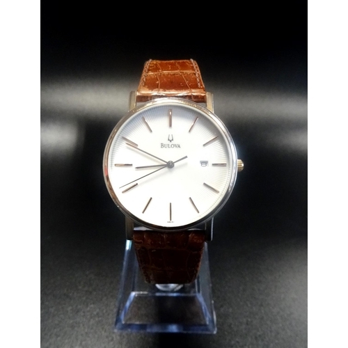 7 - GENTLEMAN'S BULOVA WRISTWATCH
the dial with baton five minute markers and date aperture at 3, the ba... 