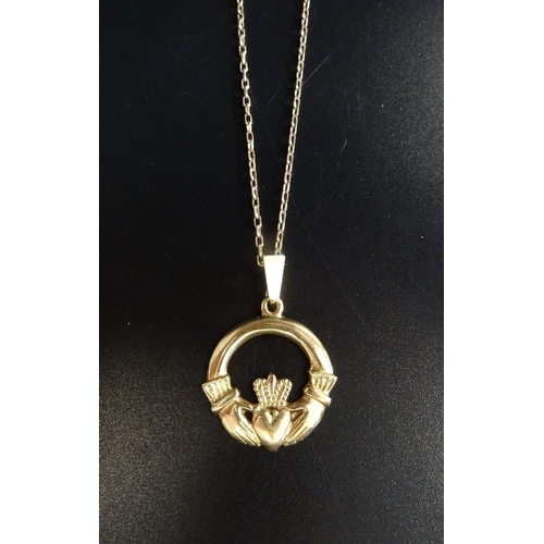 4 - NINE CARAT GOLD CLADDAGH PENDANT
on nine carat gold chain, total weight approximately 7.3 grams