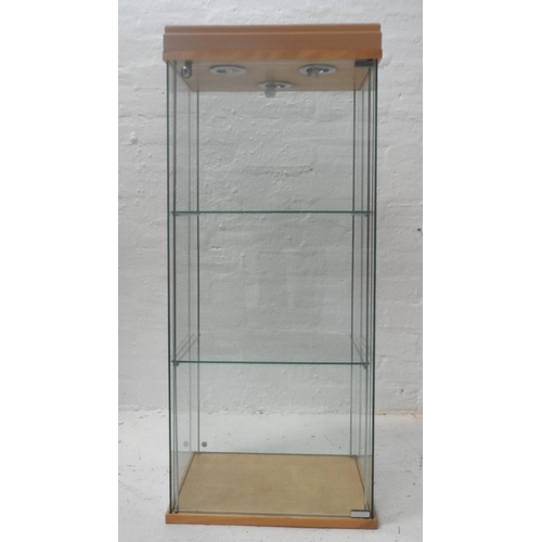 498 - ILLUMINATED GLASS DISPLAY CABINET
with a locking door, two glass shelves and wall fixings, 109cm x 4... 