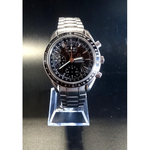 45 - GENTLEMAN'S OMEGA SPEEDMASTER day date AUTOMATIC CHRONOMETER WRISTWATCH
the black dial with subsidia... 