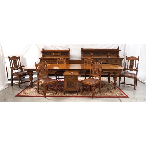 496 - LATE VICTORIAN LIGHT OAK DINING ROOM SUITE
in the manner of Gillows of Lancaster, comprising a large... 